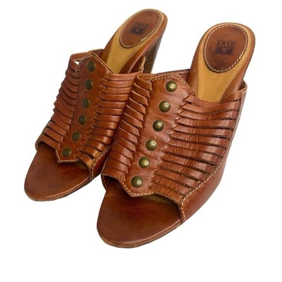 Frye brown leather strappy cone block heel sandals size 7.5 - Picture 1 of 7